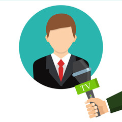 Businessman gives a reporter interview. Press conference. Live report, live news concept. Vector illustration