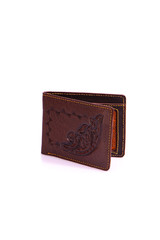 One purse, genuine leather with embossing ,black brown colors,Fashionable men's accessory To store money on a white background