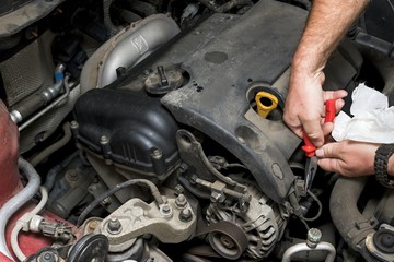 Fototapeta premium The mechanic fixes the vehicle's engine