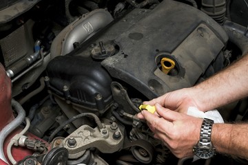 The mechanic fixes the vehicle's engine