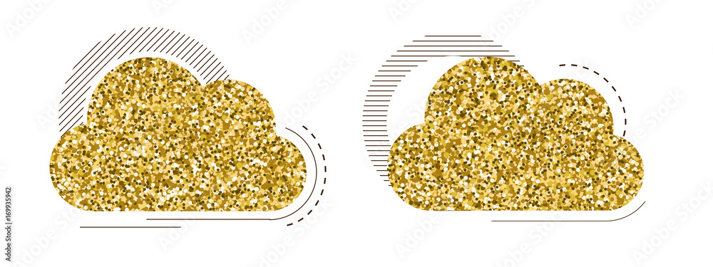 Poster set of creative cloud with golden glitter texture