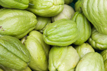 Green Chayote fruits, close up photo