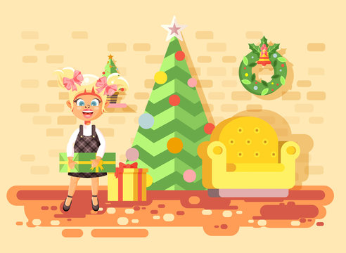 Vector illustration cartoon character child blonde girl, schoolgirl bring gifts in room with Christmas tree, happy New Year and Christmas, rejoice celebrate flat style element for motion design
