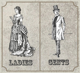 Victorian lady and gentleman. Toilet Sign, vector format. Vintage Victorian Era Engraving style retro vector lineart Hand drawn sketch illustration