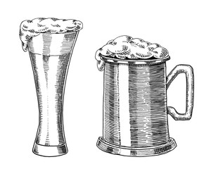 Beer glass, mug or bottle of oktoberfest. engraved in ink hand drawn in old sketch and vintage style for web, invitation to party or pub menu. design element isolated on white background.