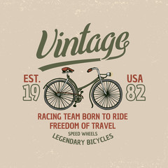 bicycle, bike or velocipede. travel illustration. logo emblem or label, engraved hand drawn in old sketch and vintage transport. Print on T-shirts.