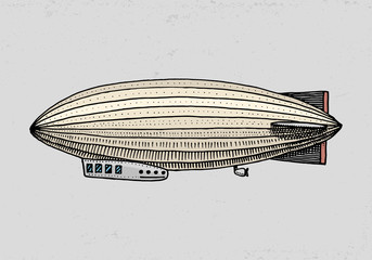 airship or zeppelin and dirigible or blimp. For travel. engraved hand drawn in old sketch style, vintage transport. © artbalitskiy