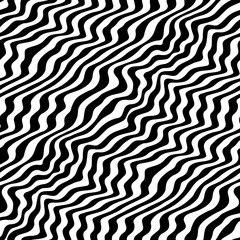 Vector monochrome texture, black & white seamless pattern with abstract curved lines. Visual effect of 3D surface, illusion of movement. Dynamical diagonal waves. Stylish repeat design, pop art style