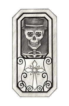 Art skull in coffin day of the dead.