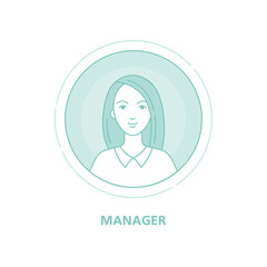 Female portrait. A woman in a circle on a white background. Manager. Linear Art. Vector illustration