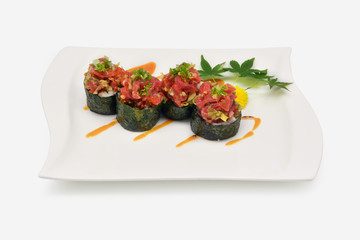 Spicy Chutoro shushi, Spicy Chutoro rolls in white plate on white background