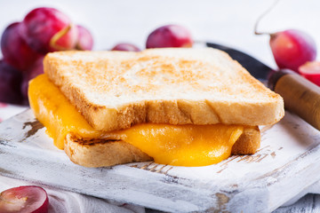 Homemade grilled cheese sandwich on white board. Copy space