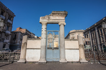 Fototapeta na wymiar Cataia, Piazza Stesicoro, entrance of the amphitheater roman ruins
