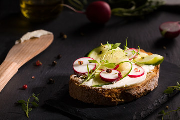 Sandwich with red radish, cucumber and fresh herbs and pepper.