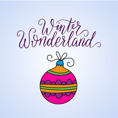 Vector card with Christmas decoration and handdrawn brush lettering.  Winter llustration for modern designs.
