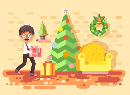 Vector illustration cartoon character child brunette boy, schoolboy bring gift in room with Christmas tree, happy New Year and Christmas, rejoice celebrate flat style element for motion design