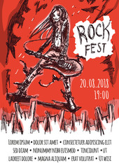 The poster for the rock festival of heavy metal music . A man with long hair playing the guitar. A crowd of fans showing devil horns gesture. Vector illustration.