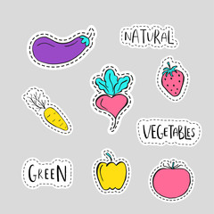 Healthy sticker, embroidery, badges  with fruits and vegetables.