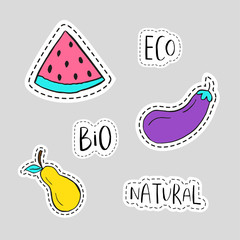 Healthy sticker, embroidery, badges  with fruits and vegetables.