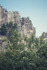 A close shot of Seneca Rocks in West Virginia, a popular spot for hiking and climbing.