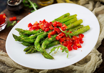 Vegan warm salad of roasted asparagus and sweet peppers