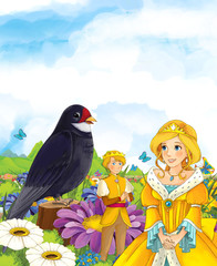 Cartoon fairy tale scene with a young princess on the meadow near the castle smiling and looking at cuckoo and prince - illustration for children
