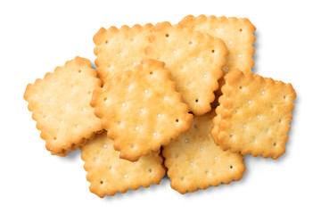 Dry crackers and cream cheese isolate on white with shadow