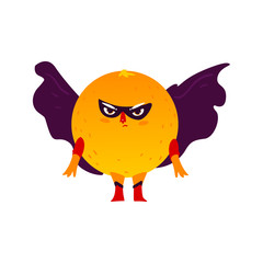 Funny orange fruit hero, superhero character, guard, defendor, flat style cartoon vector illustrations isolated on white background. Orange fruit hero, superhero character in mask and cape