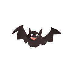 Funny vampire bat flying with wide spread wings, traditional Halloween symbol, cartoon vector illustration isolated on white background. Funny, crazy cartoon style Halloween bat with wide spread wings