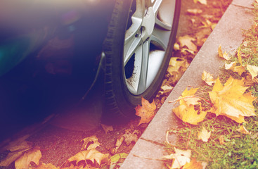 close up of car wheel and autumn leaves