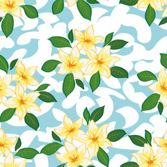 Seamless Floral Pattern, Plumeria Yellow Flowers and Green Leaves on Abstract Tile Background. Vector