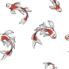 Seamless oriental pattern with Japanese carps koi. A symbol of good luck. Asian background, vector illustration. Natural fabric print design.