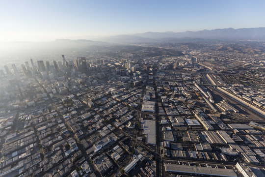 Aerial view above Alameda Street, Skid Row and the Arts District in downtown Los Angeles, California.