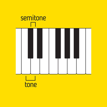 Piano keyboard top view with tone and semitone. Music theory