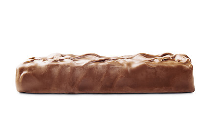 Closeup of chocolate,peanut and caramel bar isolated on white