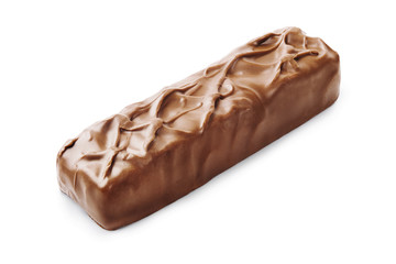 Closeup of chocolate,peanut and caramel bar isolated on white