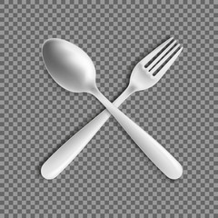Realistic Fork and spoon isolated on transparent background. Vector illustration.