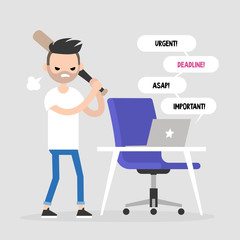 Mad office worker conceptual illustration. Young character hitting a laptop with a baseball bat. Flat editable vector illustration, clip art