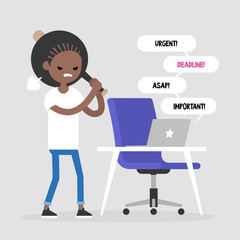 Mad office worker conceptual illustration. Young black female character hitting a laptop with a baseball bat. Flat editable vector illustration, clip art