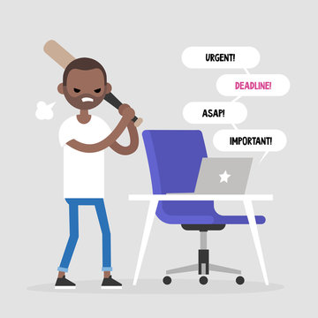 Mad office worker conceptual illustration. Young black character hitting a laptop with a baseball bat. Flat editable vector illustration, clip art