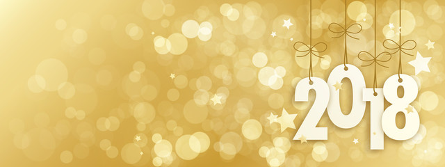 2018 Banner with Gold Bokeh Lights and Stars in the Background 