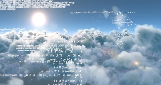 Binary code against white clouds 