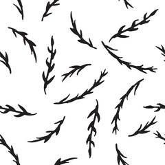 Black and white botanical background with hand painted twigs. Seamless vector pattern