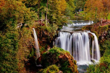 Fototapeta na wymiar Waterfall on Korana river canyon in village of Rastoke. Slunj in Croatia