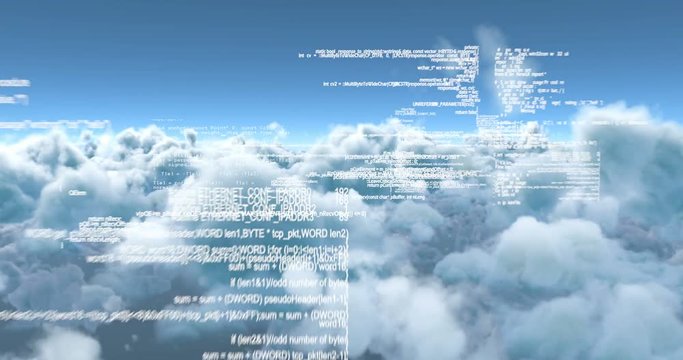Binary code against white clouds 
