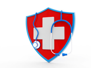 Shield with stethoscope wrapped round it medical healthcare concept,  Antibacterial or anti virus shield, health protect concept. 3D rendering 