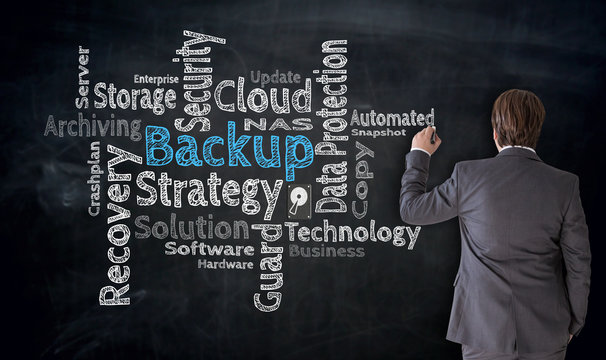 Businessman schreibt Backup Cloud auf Tafel Konzept