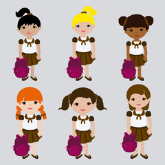 Set girls in school uniform and backpacks