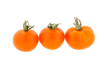 three small orange tomatoes on a white background