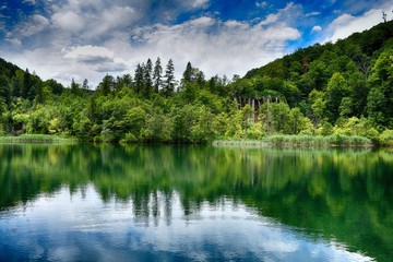 Obraz premium water reflection of trees on green beautiful lake 